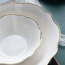 9寸金边荷叶纯白水果沙拉盘家用酒店菜盘6寸荷叶形状圆形陶瓷斗碗