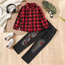 2025春秋季4-8岁男童休闲格子长袖衬衫破洞牛仔长裤两件套批发