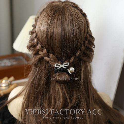 French satin small intestine flower water drill pearl hair tie, Instagram Korean-style influencer, simple ponytail, alloy headband, cute