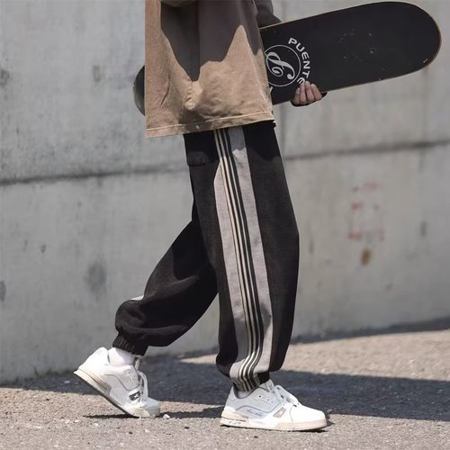 Striped pants for men, spring, autumn, and winter, trendy brand, tie-up casual long pants, loose sporty briefs