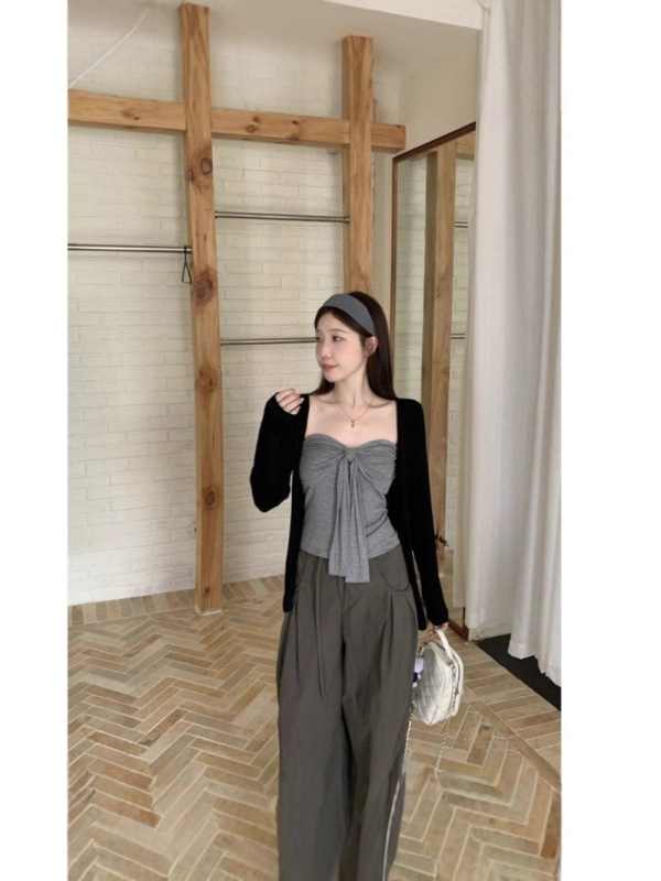 【工厂现货】韩版休闲套装秋季辣妹蝴蝶结抹胸外搭开衫上衣两件套|undefined