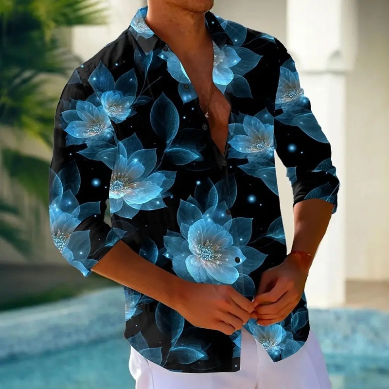 Men's Floral 3D Printed Neon Luminous Flower Shirt, Long Sleeve Fashion Casual D Printed Lapel Shirt