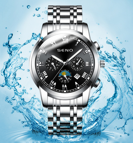 SENO Casual Sun Moon Star Watch Men's Quartz Watch Waterproof Calendar Luminous Stainless Steel Watch One Piece Dropshipping