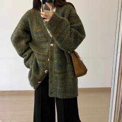 花纱v领毛衣外套女早秋新款洋气外搭大码针织开衫温柔慵懒风上衣