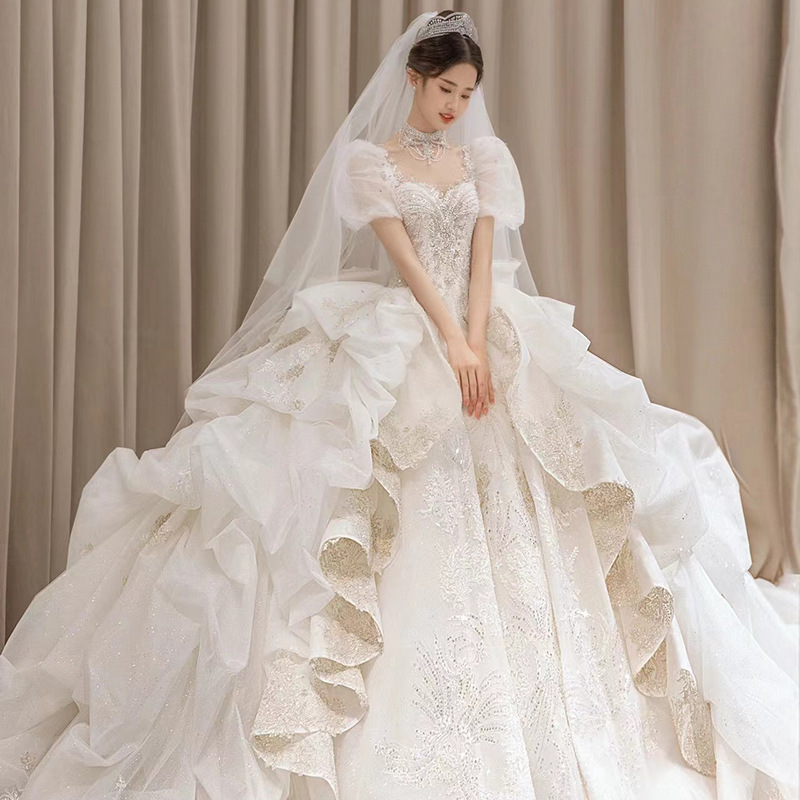 French-Style Puff Sleeve Wedding Dress 2025 New Bridal Main Gown with High-Quality Heavy Craftsmanship, Luxurious Retro Long Train