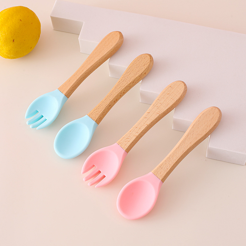 Cuchara de tenedor de silicona con mango de madera para bebés, suplemento alimenticio para el hogar, juego de tenedor y cuchara de silicona con mango de madera, cuchara de alimentación para niños resistente a caídas