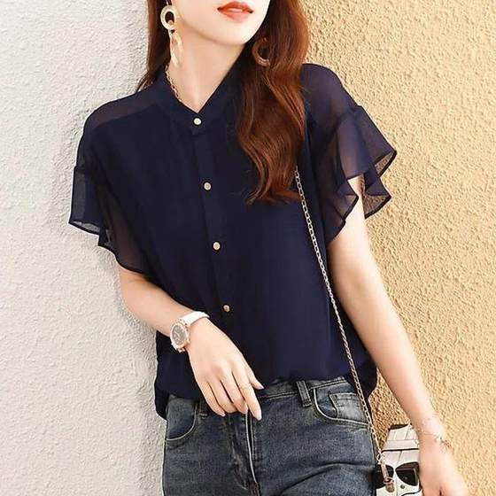 2023 Summer New Style Western Style All-match Chiffon Shirt Flying Sleeve Solid Color Shirt Beautiful Loose Thin Slim Look Top