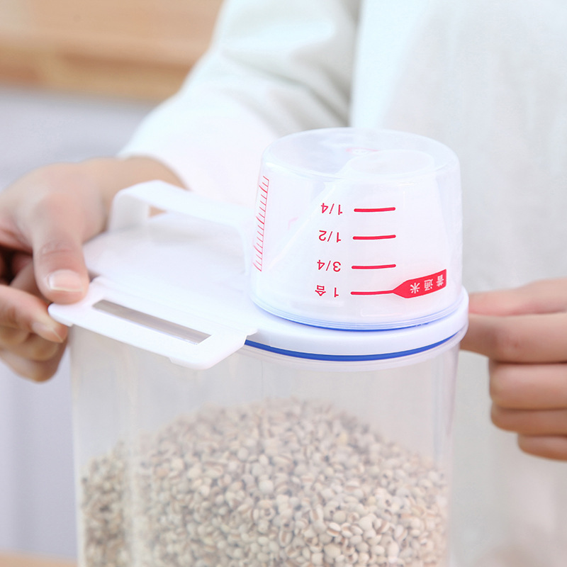 和風ポータブルプラスチック米バケツ家庭用計量カップ付き多機能米保存バケツ穀物保存麺バケツキッチン密封缶|undefined