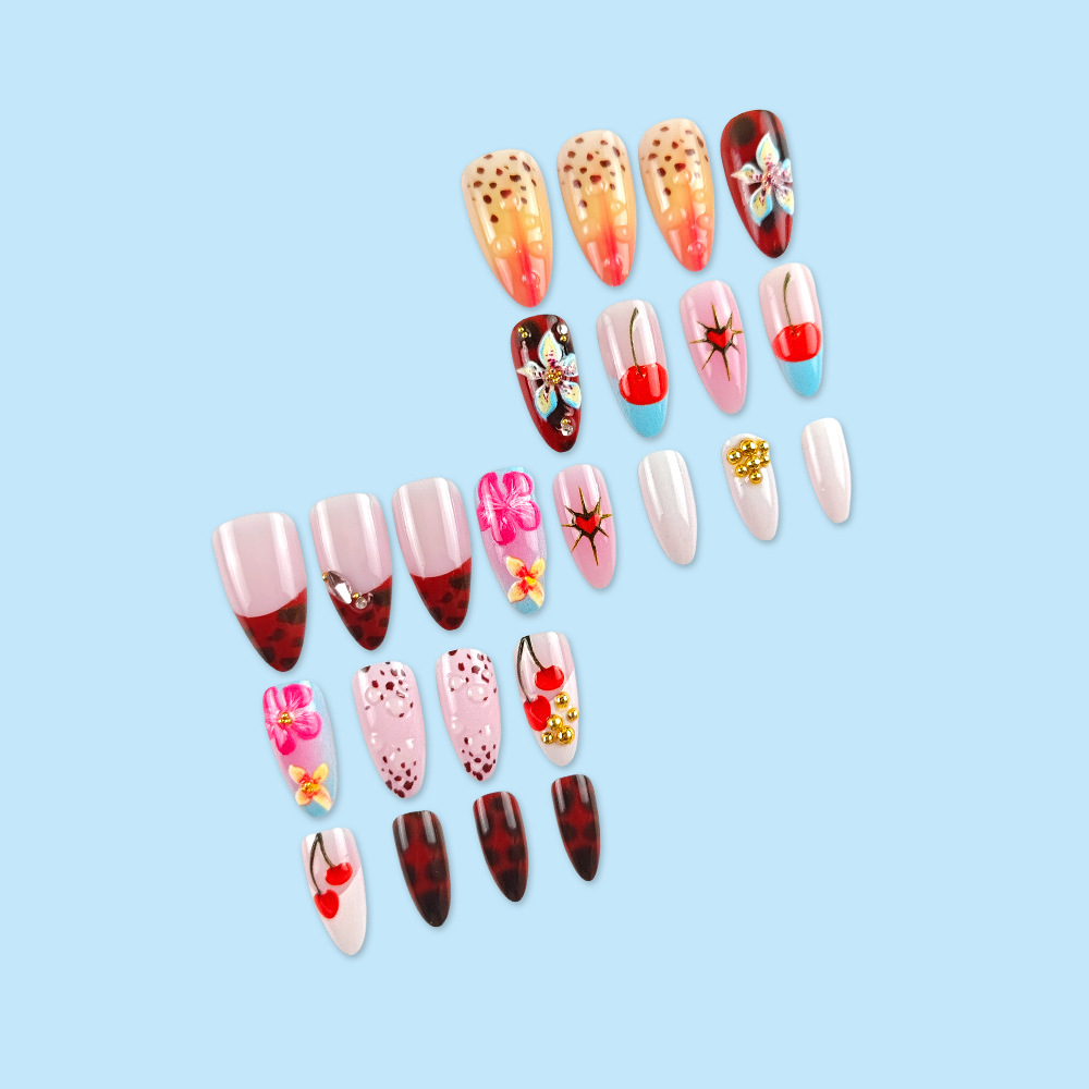 Ventas transfronterizas en relieve tridimensional perforación de uñas flores de cereza hermosas uñas 24 piezas parches de uñas terminados image 5