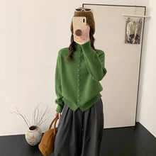 秋冬新款纯色百搭气质毛衣外套包扣高领针织开衫女休闲针织上衣