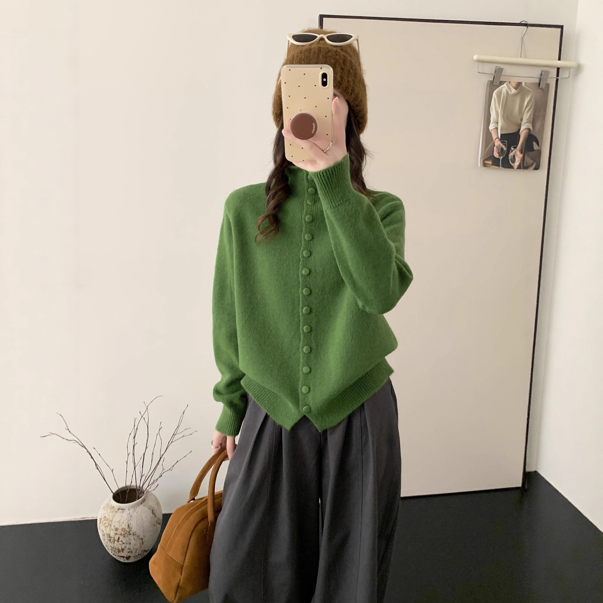 秋冬新款纯色百搭气质毛衣外套包扣高领针织开衫女休闲针织上衣