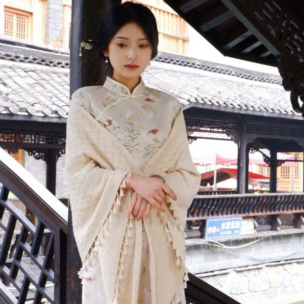 Cheongsam Shawl Spring and Autumn Women's Knitted Fine Wool Triangle Cloak with Buckle Tassel Air Conditioning Outer Cloak