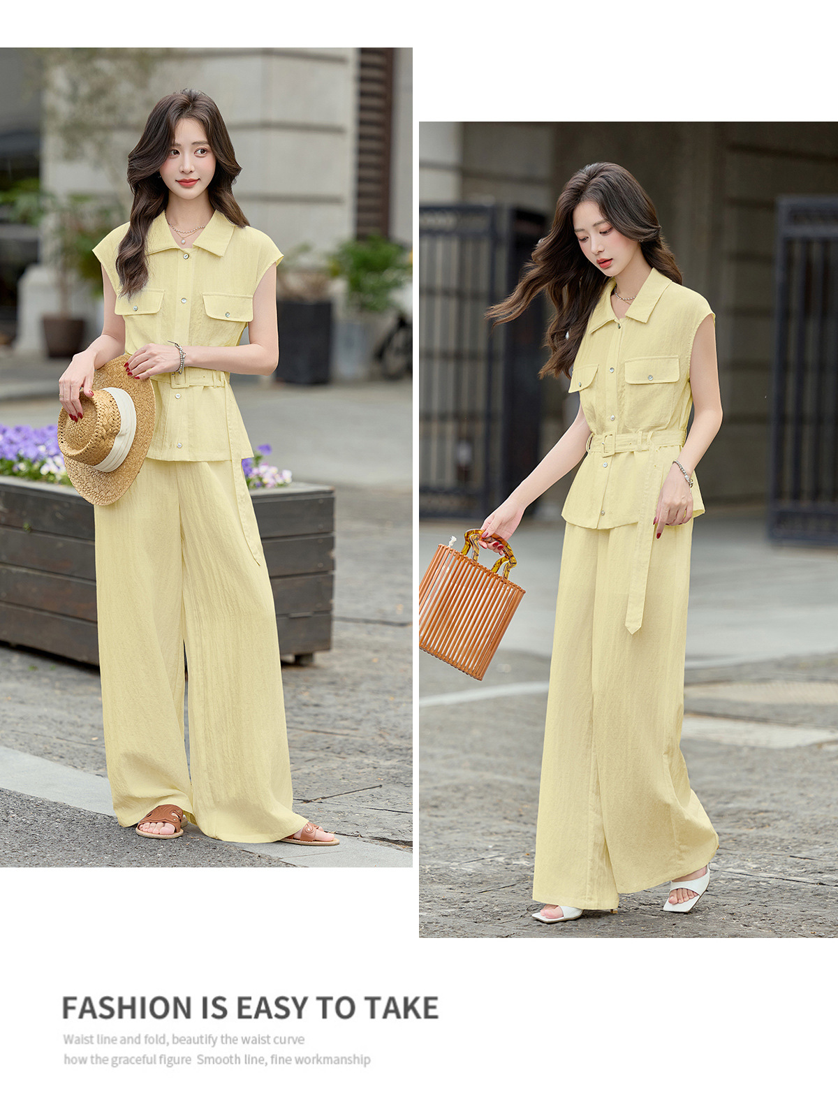 Bộ jumpsuit nữ tay ngắn cổ bẻ ống rộng mùa hè 2026 — màu trắng ngà, màu vàng chi tiết 22