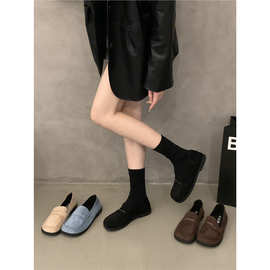 平底黑色绒面大头鞋单鞋女鞋子2025新款春秋季法式百搭乐福小皮鞋