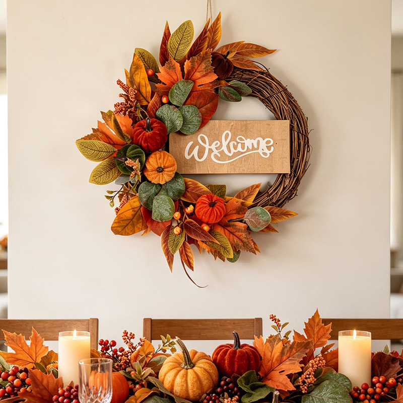 Autumn Thanksgiving Pumpkin Maple Leaf Home Decoration Wreath Front Door Farmhouse Harvest Festival Fireplace Decorative Wreath Cross-Border