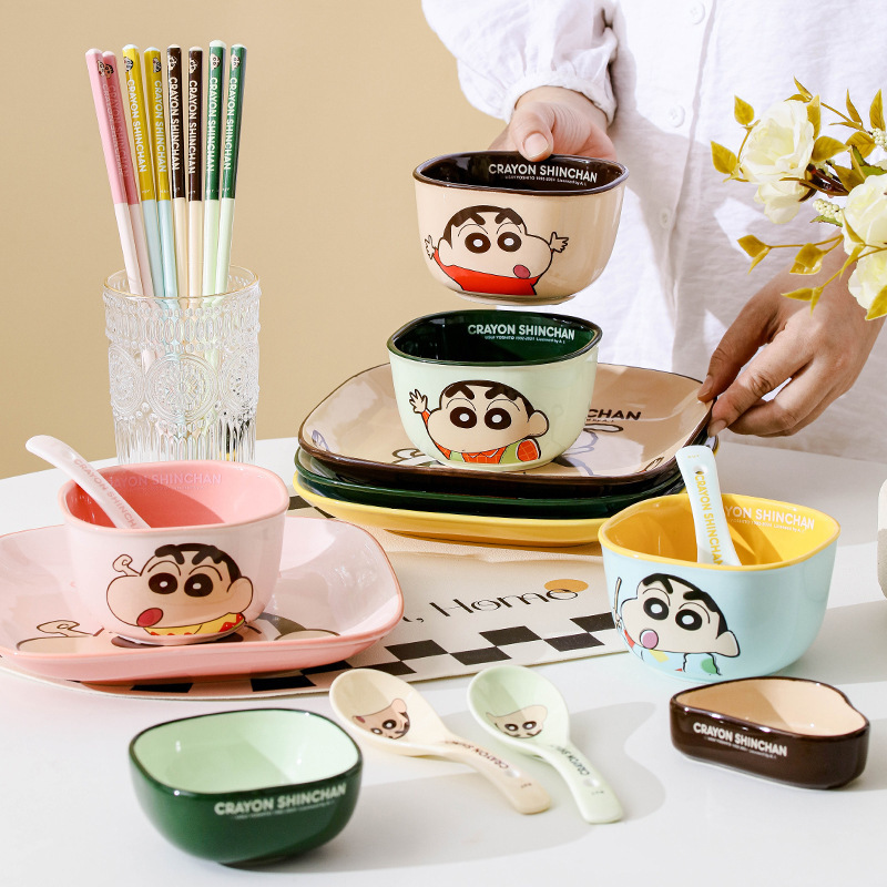 クレヨンしんちゃん陶器食器正方形丼高価値食器セット家庭用漫画子供用食器ボウルとスプーン|undefined
