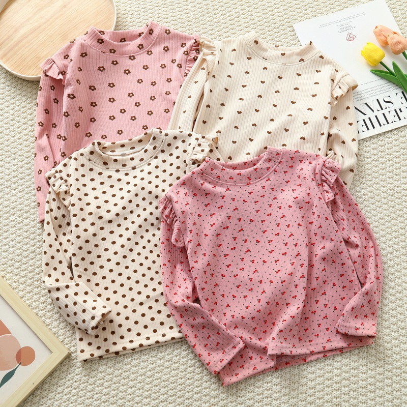 女童秋冬新款碎花飞袖打底衫圆领长袖T恤小女孩宝宝百搭上衣童装