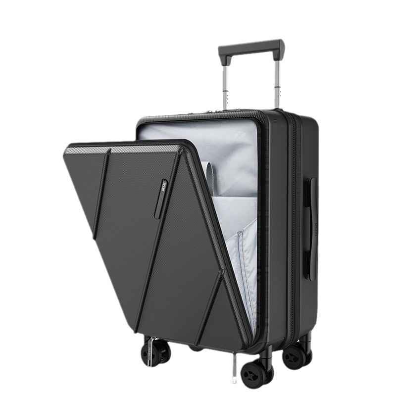 Vali nhựa PC 20 inch mở nắp trước, bánh xe êm, đa năng cho doanh nhân — Cửa trước 20 inch có cổng sạc và lớp mở rộng màu đen