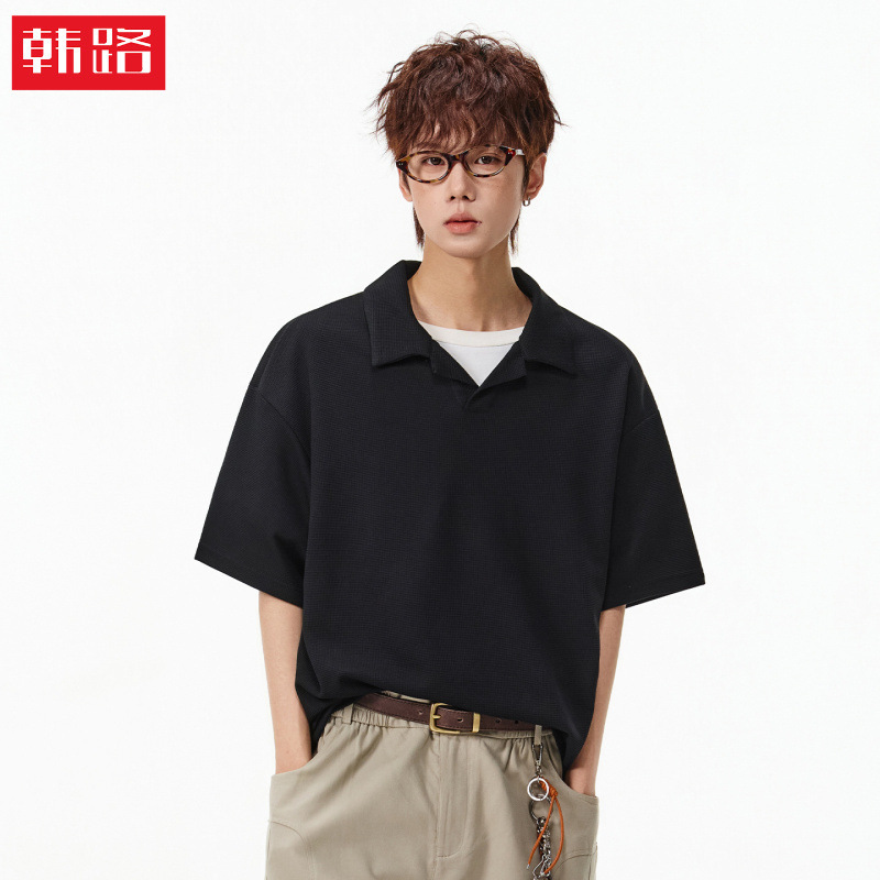 Textured Seagull Collar Polo Shirt T-Shirt for Men Summer Cleanfit Half-Sleeved Loose Casual Short-Sleeved T-Shirt Q