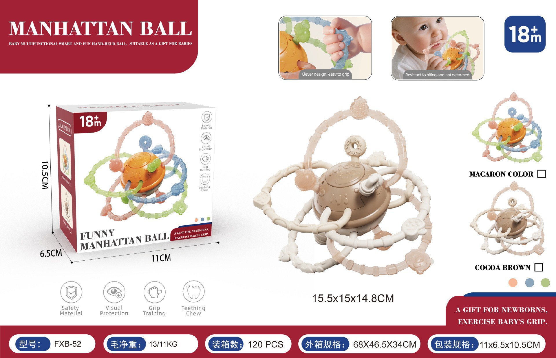 Manhattan Baby Hand Grip Ball Baby Early Grip Training puede roer goma de dientes campana de marzo a junio pacificador juguete