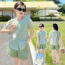 女童娃娃衫套装2025夏季新款小清新甜美女大童短袖上衣短裤两件套