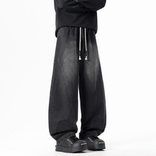 松紧腰潮牌拼接牛仔裤男春季美式高街直筒长裤复古水洗做旧裤子