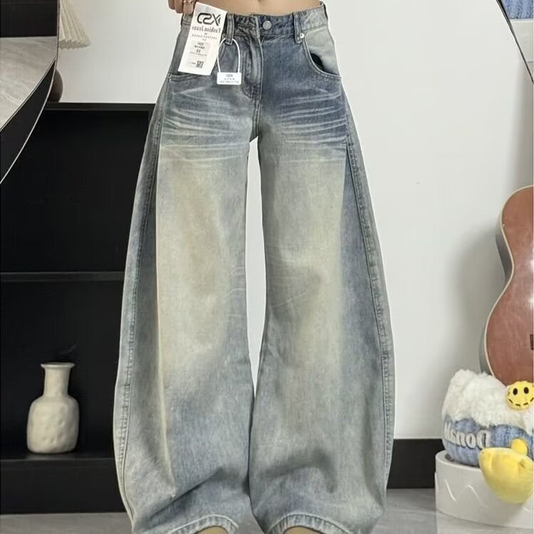 American Retro Light Blue Jeans for Women, Autumn/Winter 2026 New Style, Straight Casual Loose Washed Wide-Leg Pants American Retro Light Blue Jeans for Women, Autumn/Winter 2026 New Style, Straight Casual Loose Washed Wide-Leg Pants
