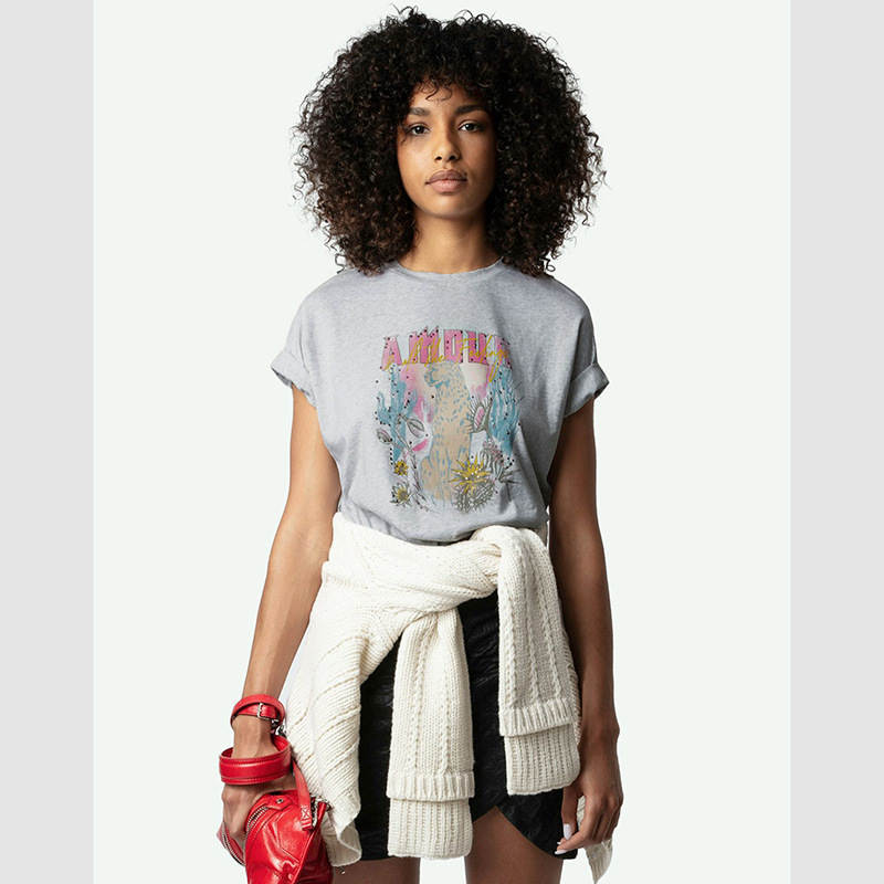 25 Spring New French Niche Leopard Letter White Ink Digital Print Rhinestone Distressed Women's Short Sleeve T-Shirt