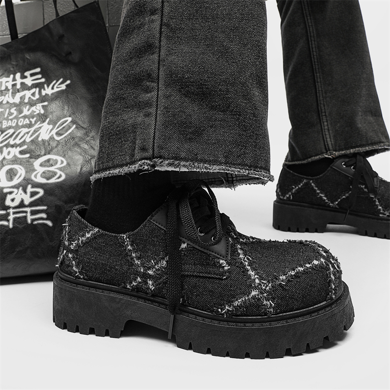 Baskets ShoeVault pour homme, collection automne, en toile noire délavée, semelle épaisse rehaussante, style derby décontracté._voghion.com