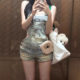 American Style Retro Old Washed Ripped Denim Strap Shorts Women's Summer Hot Girl Design Sense Hip Tight Shorts
