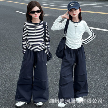 女童秋装套装2025新款儿童美式休闲T恤中大童藏青工装裤两件套潮