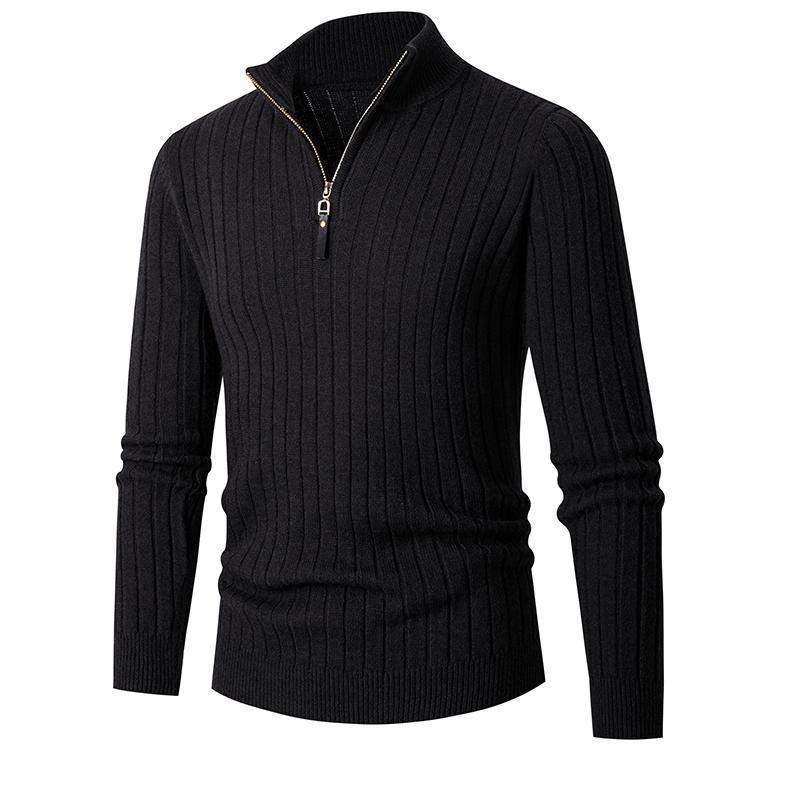 Maglione maglione lavorato a maglia da uomo di mezza età e giovane con mezza cerniera Maglione con fondo a righe verticali di tendenza europea_voghion.com