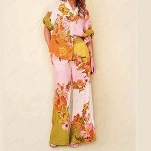 外贸出口女装2026亚马逊时尚花卉印花短袖拼色休闲系绳长裤套装女