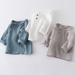 Children's summer thin loose cotton and linen long-sleeved shirt baby solid color double-layer cotton gauze ethnic style round neck shirt