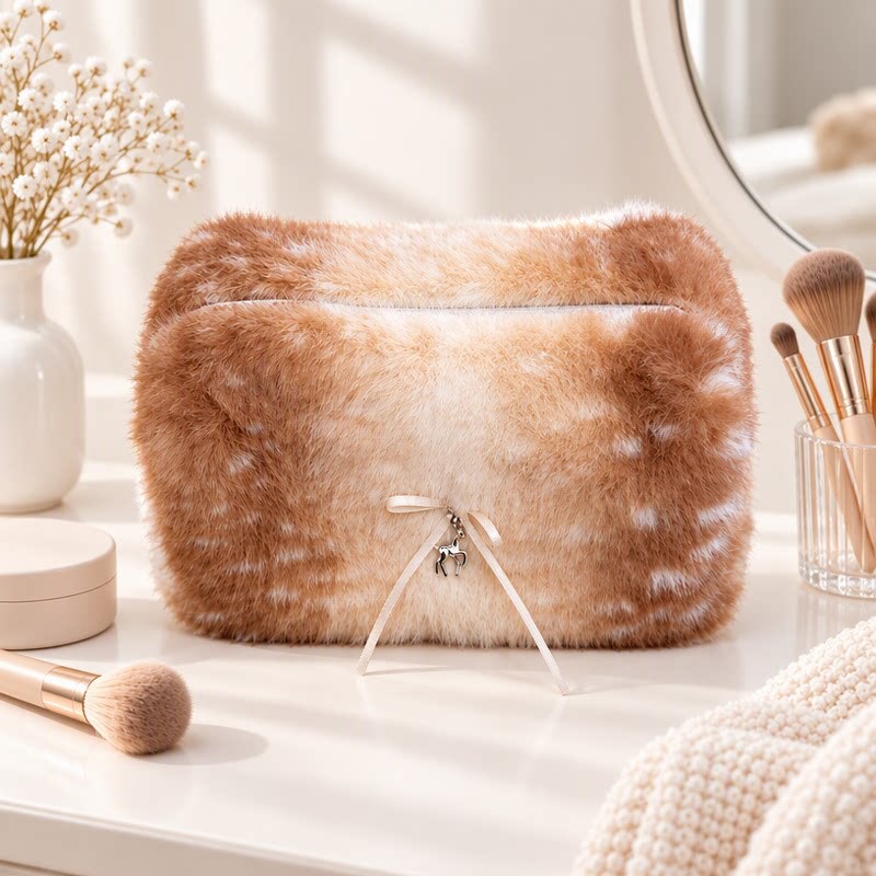 New Cute Plush Cosmetic Bag for Women, Large Capacity, Portable Travel Skin Care Storage and Toiletry Bag