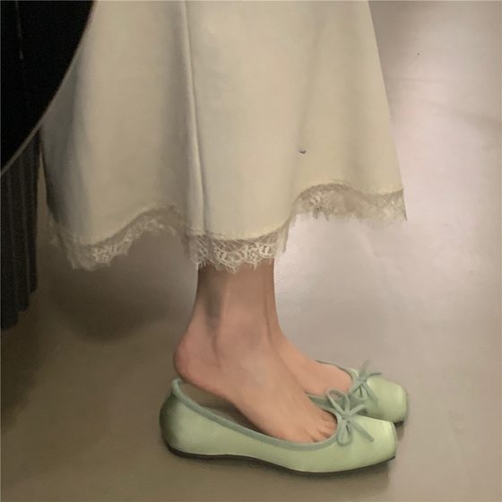 French Evening Bow Satin Height-up Shoes Women's 2025 New Square Toe Niche Gentle Ballet Shoes