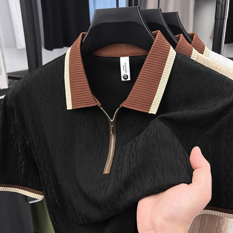 Hombres de mediana edad clásicos de color sólido semia cremallera solapa polo camiseta jacquard rayas de verano nuevo hombre camiseta de manga corta