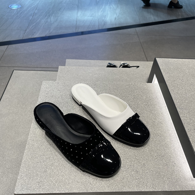 Damen Slipper Mit Schleife Farbblock Design Flache Sandalen_voghion.com