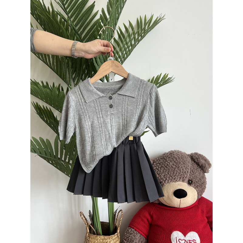 Girls' School Style Summer Set 2025, Korean Style, Chic and Cool Knitted Short-Sleeved Pleated Skirt