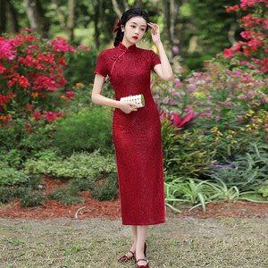 Lace long cheongsam in Chinese Dresses Qipao for women big red collar Chinese style banquet cultivate one morality dress daily cheongsam