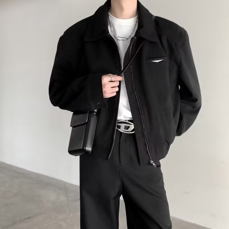 cleanfit短款夹克男款秋冬痞帅美式垫肩外套高级感黑色翻领棒球服