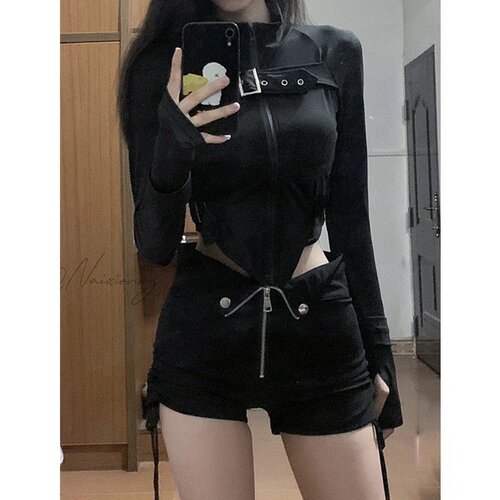 Metal fastener strap long sleeve women's turtleneck sweet cool niche spring and autumn season spicy girl open jacket zipper 2025