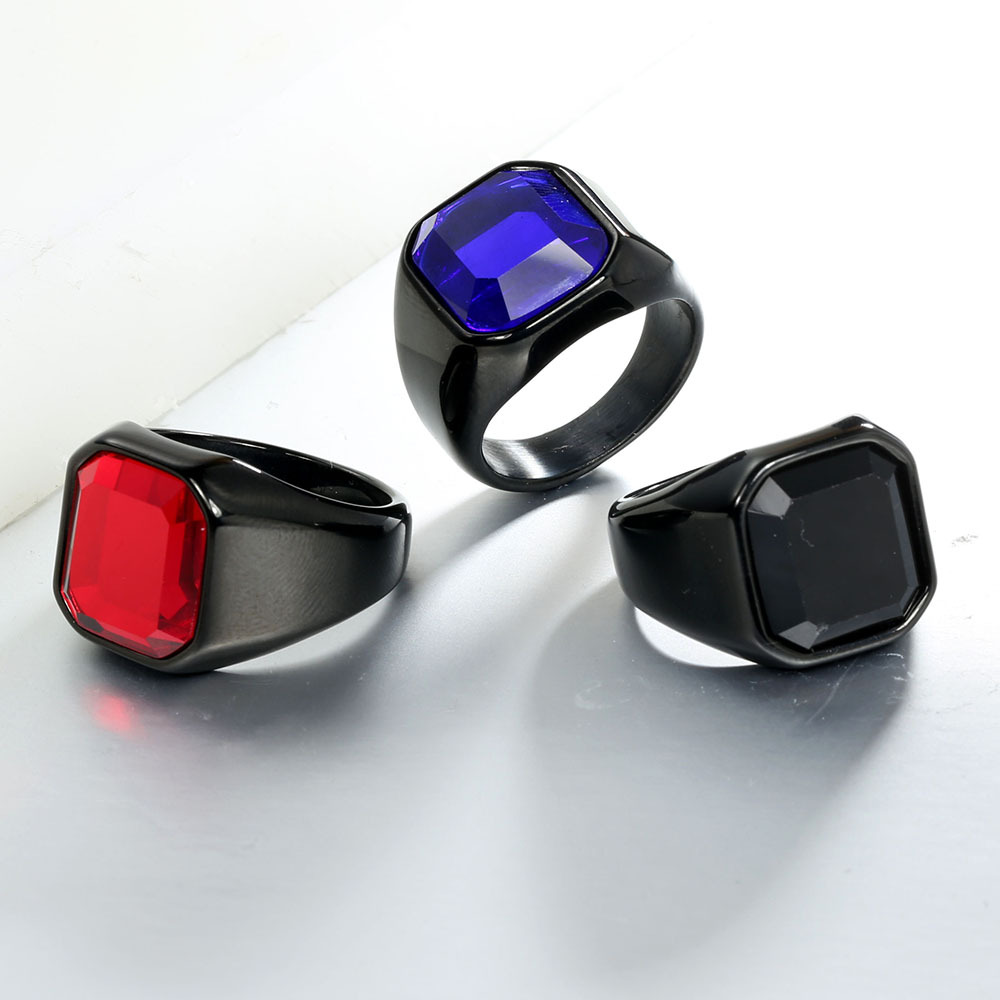 Stainless Steel Material Retro Punk Square Stainless Steel Inlay Gem Unisex Wide Band Rings