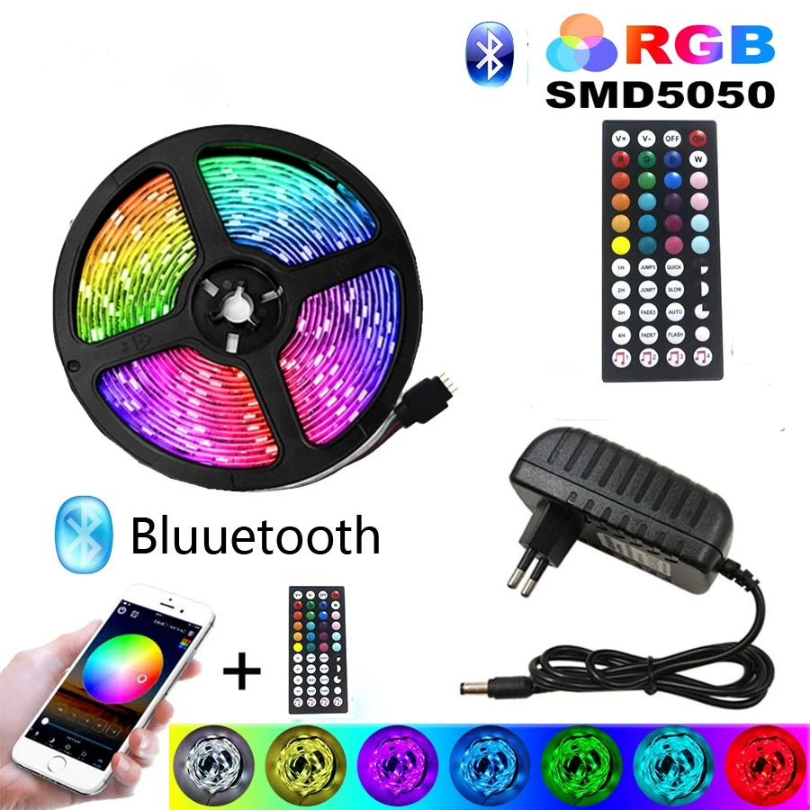 Светодиодная RGB лента 5050 SMD, 60 свет/м, Bluetooth 44‑кнопки + приложение, 12В, IP20/IP65
