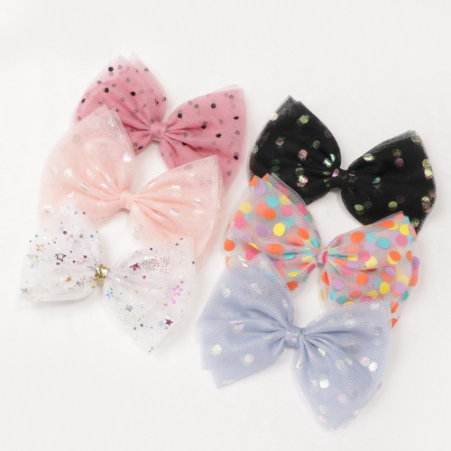 Colorful polka dot mesh children's hairpin, princess large bow hairpin, snowflake star half-wrapped cloth top clip
