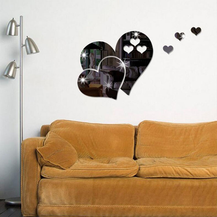 Espejo acrílico decorativo autoadhesivo, diseño 3D con forma de corazón, pegatina para pared, decoración DIY para el hogar