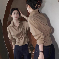 时尚翻领长袖衬衫女春季设计感别致斜扣收腰显瘦衬衣气质休闲上衣