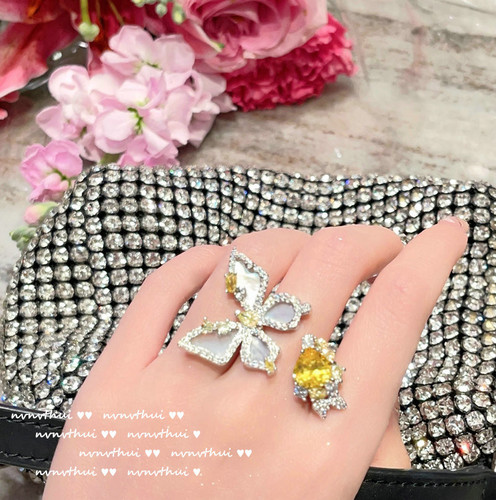 Cinderella goose yellow sapphire butterfly ring Baroque 18K gold plated irregular zircon shell butterfly earrings