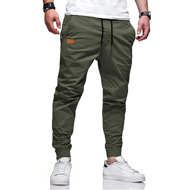 2025 Foreign Trade Men's Cargo Pants Jogging Pants with Drawstring Elastic Waist and Elastic Cuffs Solid Color Sports Outdoor Pants