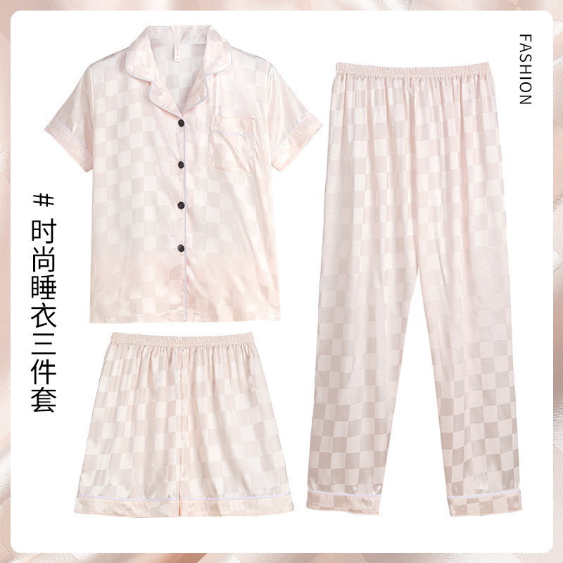 Pijamas de verano de rayas de alto grado pijamas de los hombres de seda de hielo traje de tres piezas de manga corta desgaste exterior Internet celebridad letras real seda